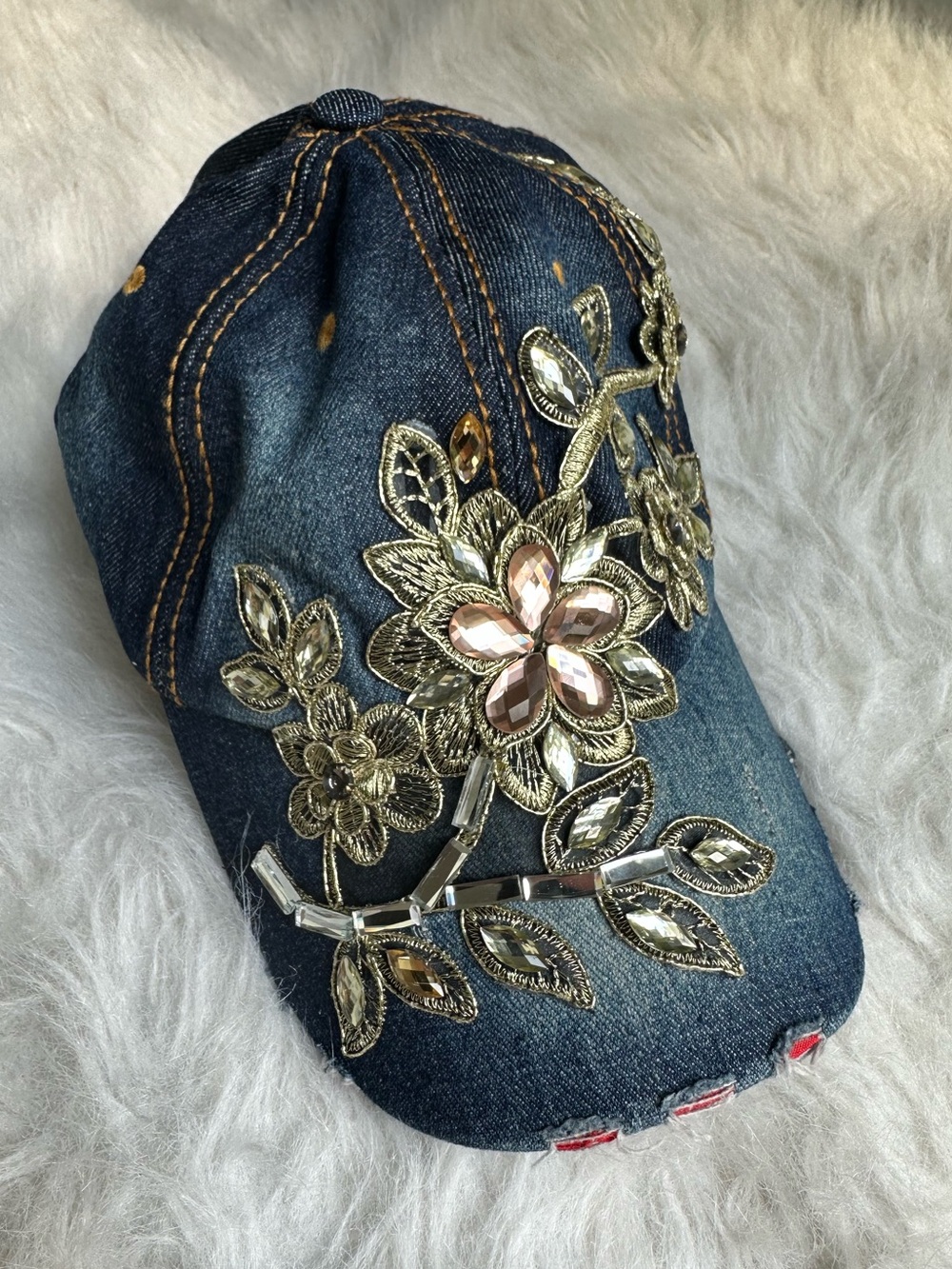 Embellished Denim Floral Bling Hat Baseball Hat Rhinestone Hat Bougie Hat